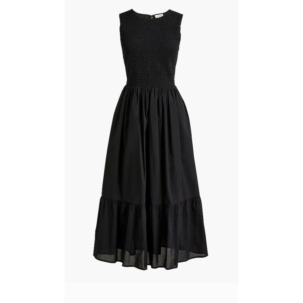 J. Crew Smocked Bodice Sleeveless Cotton Midi Dress Black XL Minimalist NWT